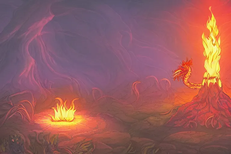 Prompt: Worm God of Fire Erupting from the Ground in an Alpine Forest, illustration, unsettling, cinematic lighting