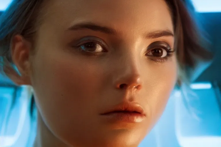 Image similar to VFX movie of a futuristic space woman gorgeous closeup portrait in future spaceship, beautiful natural skin neon lighting by Emmanuel Lubezki