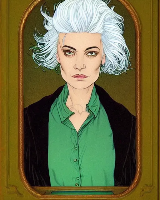 Image similar to beautiful woman with white hair and green eyes, portrait, elegant, dusk, illustration, art by moebius Jean Giraud