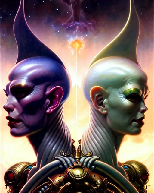 Image similar to beautiful gemini good and evil fantasy character portrait, ultra realistic, wide angle, intricate details, the fifth element artifacts, highly detailed by peter mohrbacher, hajime sorayama, wayne barlowe, boris vallejo, aaron horkey, gaston bussiere, craig mullins