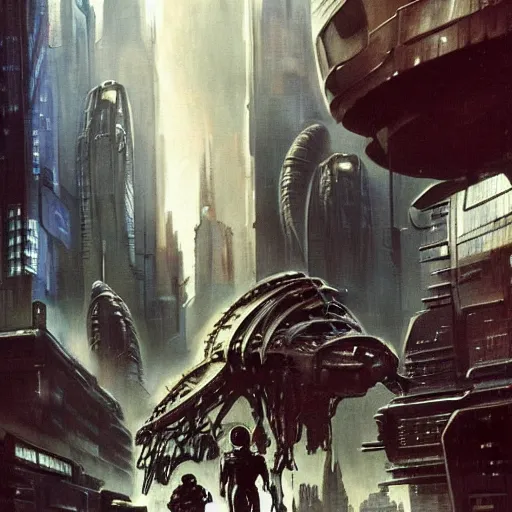 Prompt: An alien cityscape, futuristic alien beings walking through the streets, super advanced alien spacecraft flying in the skies above the city, by Frank Frazetta. Trending on CGSociety, 16k Resolution, hyperdetailed :: no blur, no grain, highly detailed, cinematic, realistic, HDR ::