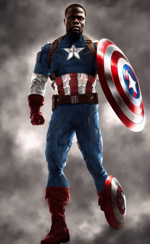 Image similar to kevin hart as captain america, dynamic lighting, photorealistic fantasy concept art, trending on art station, stunning visuals, creative, cinematic, ultra detailed