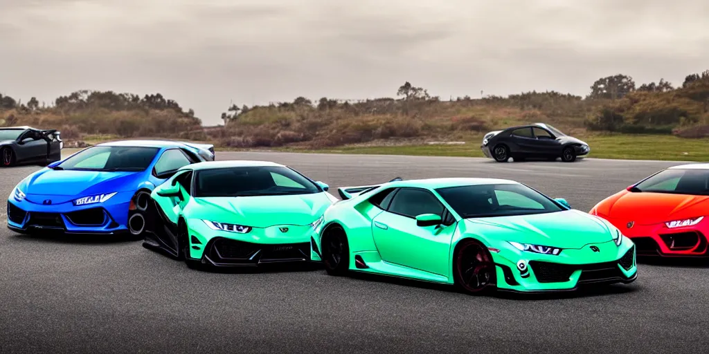 Image similar to a honda civic, r 3 4 and supra in the shape of lamborghini huracan car