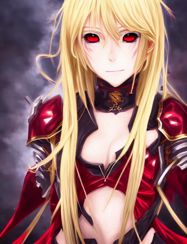 Image similar to an anime portrait of a blonde vampire girl with glowing red eyes in gold plated armour, trending on artstation, digital art, 4 k resolution, detailed, high quality, sharp focus, hq artwork, coherent, insane detail