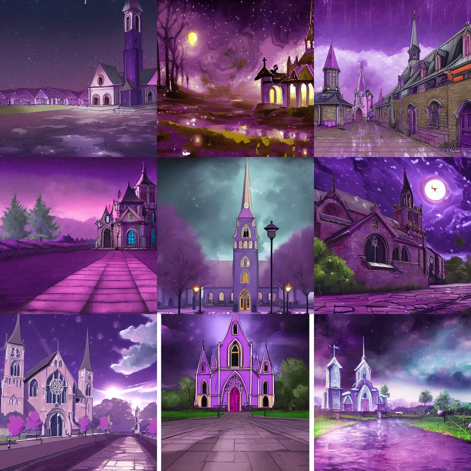 Prompt: purple church and wet ground under night sky,anime background ,very detailed,trending on artstation,