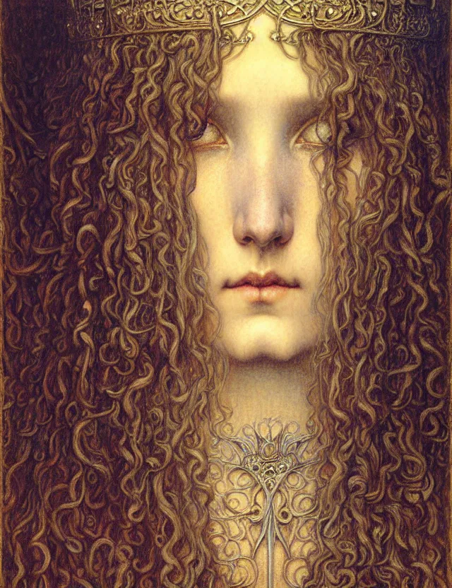 Image similar to detailed realistic beautiful young medieval queen face portrait by jean delville, gustave dore and marco mazzoni, art nouveau, symbolist, visionary, gothic, pre - raphaelite. horizontal symmetry