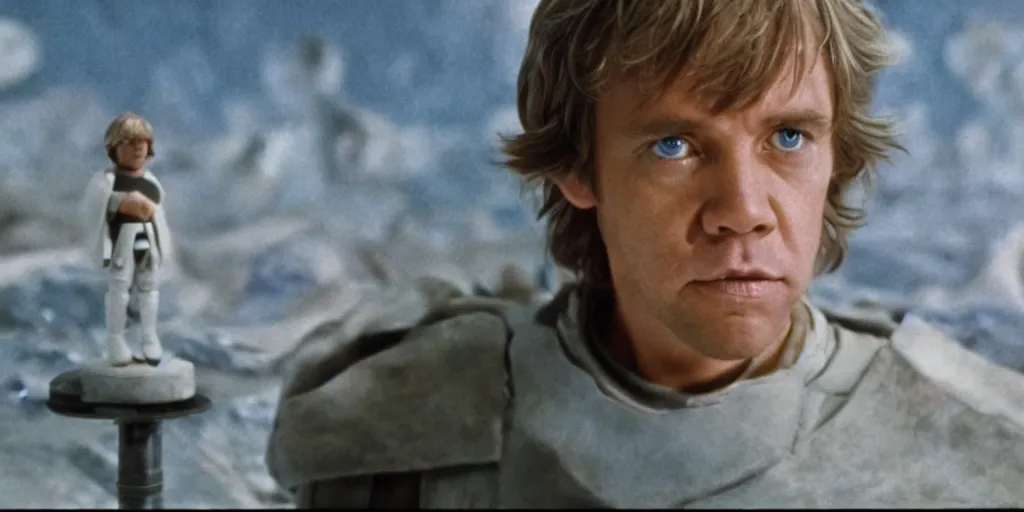 Image similar to screenshot portrait of Luke Skywalker, on a planet of maelstrom, chaos, the world without form and void, 1970s film by Stanley Kubrick, iconic scene, HR Geiger design, stunning cinematography, hyper-detailed, sharp, anamorphic lenses, kodak color, 4k, stunning