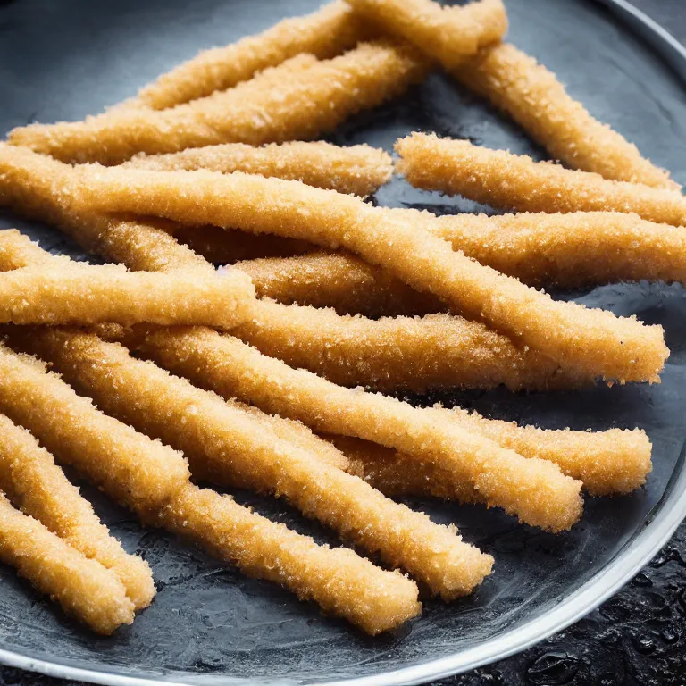 Image similar to Soaking wet soggy fish stick drenched with a stream water from a faucet on a moist wet plate. Very wet delicious crusty fish sticks. Macro lens close up 4K food commercial shot