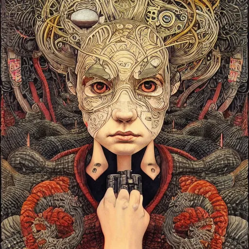 Image similar to portrait painted in jacek yerka style drawn by vania zouravliov and takato yamamoto, inspired by cyberpunk, intricate acrylic gouache painting, high detail, sharp high detail, artstation