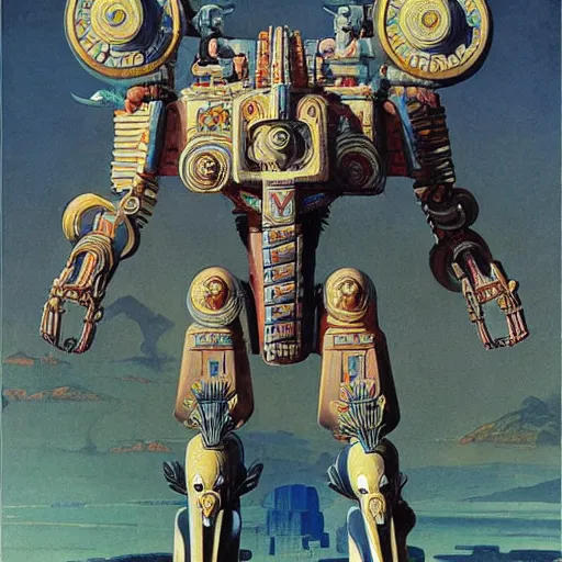 Image similar to elaborate mayan art deco mecha in mesa landscape by j. c. leyendecker, bosch, and beksinski