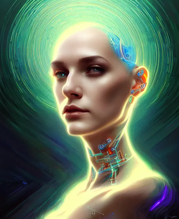 Image similar to a whirlwind of souls rushing inside the metaverse, hologram, half body, neurochip, shaved temple, piercing, jewelry, android, cyborg, cyberpunk face, by loish, d & d, fantasy, intricate, elegant, highly detailed, colorful, digital painting, artstation, concept art, art by artgerm and greg rutkowski and alphonse mucha