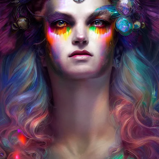 Image similar to demon goddess with rainbow windswept hair portrait surrounded by crystals, hyper - detailed, cgsociety, 8 k, high resolution, in the style of charlie bowater, tom bagshaw, norman rockwell, gerald brom, adam hugh