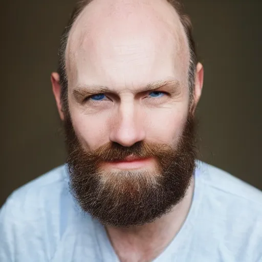 Prompt: photograph of a balding, bearded middle aged blond man, with dark blue eyes, and very pale skin