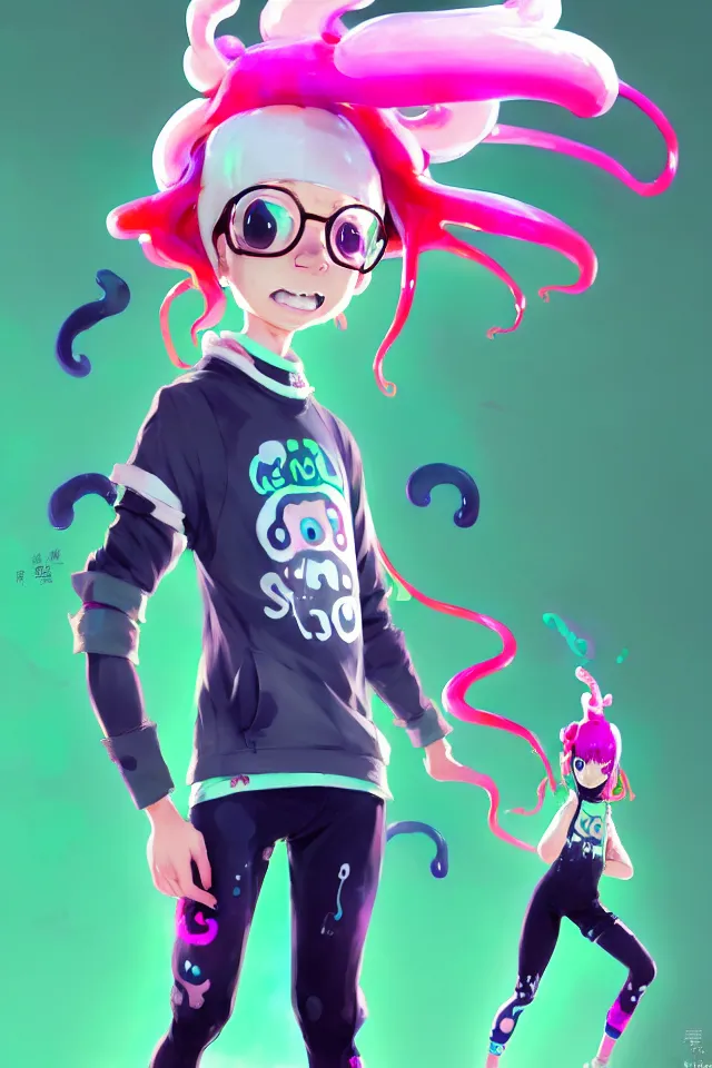 Image similar to a beautiful fullbody portrait of a cute splatoon anime boy with pink hair and green eyes wearing sports clothing tight leggings. character design by cory loftis, fenghua zhong, ryohei hase, ismail inceoglu and ruan jia. artstation, volumetric light, detailed, photorealistic, fantasy, rendered in octane