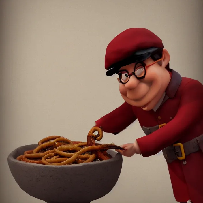 Image similar to postman pat devouring a bowl of worms, unreal engine, c 4 d, maya, museum ink painting, smooth, natural background, cinematic lighting, 8 k, artstation, concept art, aesthetic