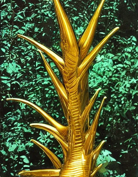 Prompt: vintage color photo of a shiny massive 1 1 0 million years old abstract liquid gold sculpture covered by the jungle vines