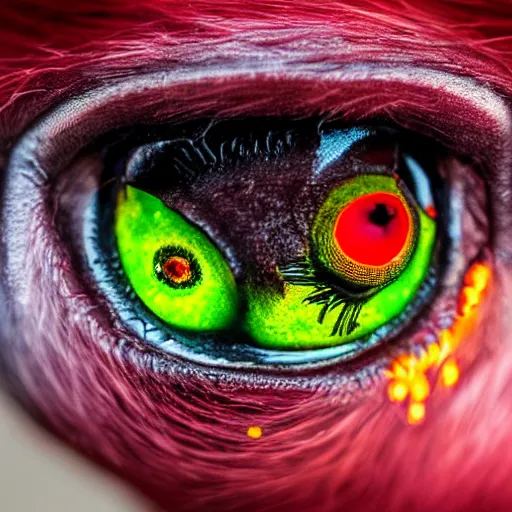 Image similar to fiery whimsical uncanny eyes of an inner demon, in a photorealistic macro photograph with shallow DOF