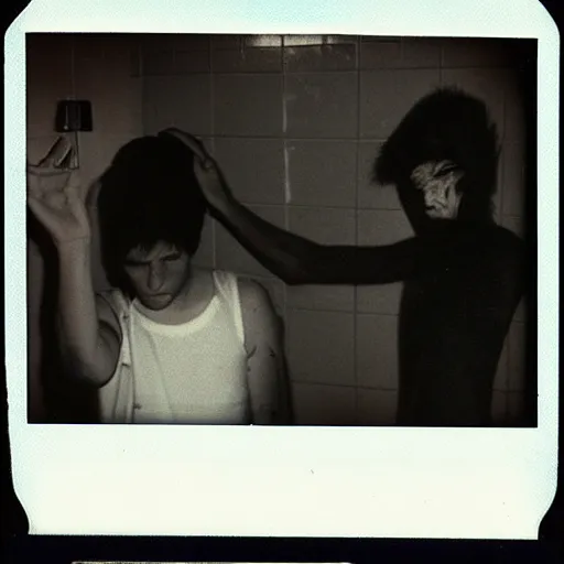 Prompt: polaroid of alien caught doing drugs in bathroom, roswell 1 9 6 2