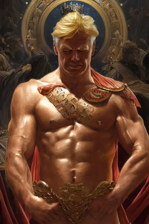 Prompt: President Donald J Trump as a Greek god, detailed face, gorgeous, amazing, muscular, fit, very muscular male body, Caesar victorious, proud Emperor , intricate, highly detailed, digital painting, artstation, concept art, sharp focus, illustration, art by greg rutkowski and alphonse mucha