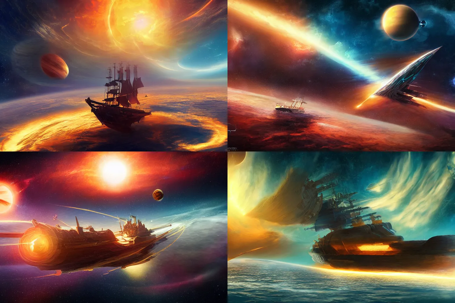 Prompt: detailed concept art of a large wooden carrack sailing the solar winds in orbit around a planet, expressive, false color star field, digital matte painting, sci-fi, 4k