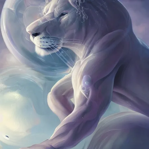 Image similar to aesthetic portrait commission of a albino muscular and attractive anthro lion floating inside a floating soap bubble like as if it was in the womb in a blue cloudy sky with clouds orbiting the bubble like a planet, minimalistic art, hyperdetailed. Character design by charlie bowater, ross tran, artgerm, and makoto shinkai, detailed, inked, western comic book art, 2021 award winning painting