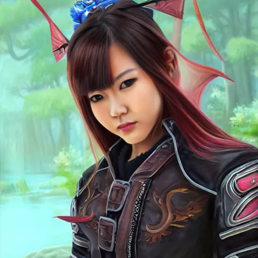 Image similar to perfect, realistic oil painting of close-up japanese young woman wearing leather jacket, in World of Warcraft