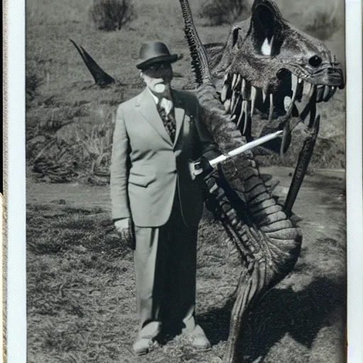 Image similar to old polaroid photo of an old man holding a rifle and standing proudly next to a dinosaur corpse