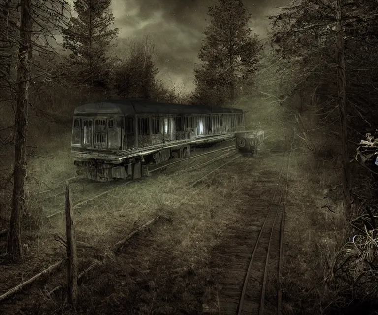 Image similar to creepy ghost train, high res, photorealistic, dark atmosphere, dark fantasy, gloomy tracks, bright lights, forestry