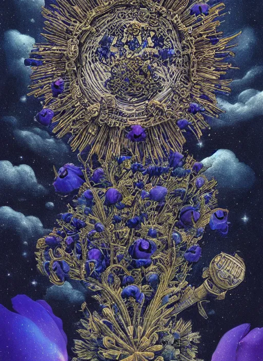 Image similar to detailed, intricate blue black and purple papaverum flower on the field, nebula, galaxy in the sky, winning award masterpiece, fantastically beautiful, illustration, aestheticly inspired, jacek yerka, upscale with anguissola sofonisba work, artstation, 8 k