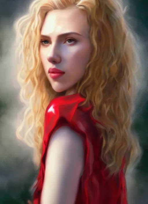 Image similar to portrait of teenage scarlett johansson, long haircut, flowing blonde curly hair, white shirt, red tie, smiling kindly, forest at background, 1 9 8 0 s, intricate, elegant, glowing lights, highly detailed, digital painting, artstation, concept art, smooth, sharp focus, illustration, art by wlop, mars ravelo and greg rutkowski