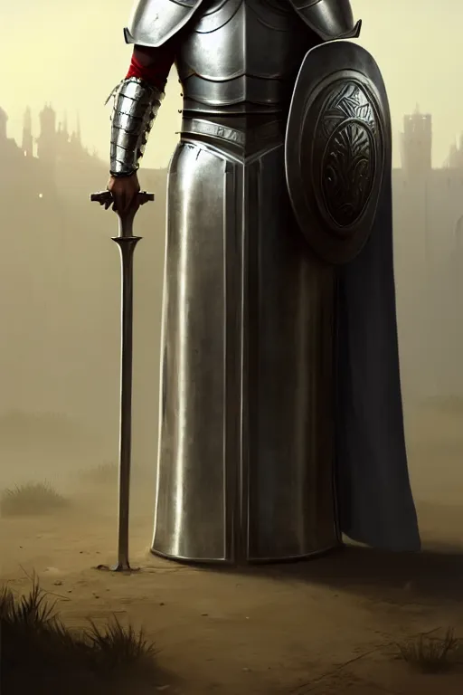 Prompt: white man looking forward in iron decorated plate armor, cylindrical crusader great helm covering all his head and white cape covering his back and elbows standing at the gates of jerusalem drawn by greg rutkowski realistic high detail
