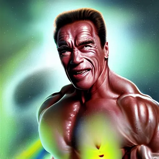 Image similar to I've discovered life, arnold schwarzenegger, ecstatic, infinite power, manic, perfect eyes, full body shot, chemical structures, atoms, molecules, portrait, energized face, noble, transformation, vivid colors, elegant, concept art, sharp focus, digital art, Hyper-realistic, 4K, Unreal Engine, Highly Detailed, HD, Dramatic Lighting by Brom, trending on Artstation