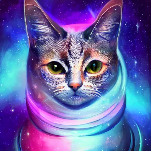 Image similar to geometric symmetrical house cat with galaxy eyes in space, nebula in the background, intricate, elegant, highly detailed, digital painting, artstation, concept art, smooth, sharp focus, illustration, art by artgerm