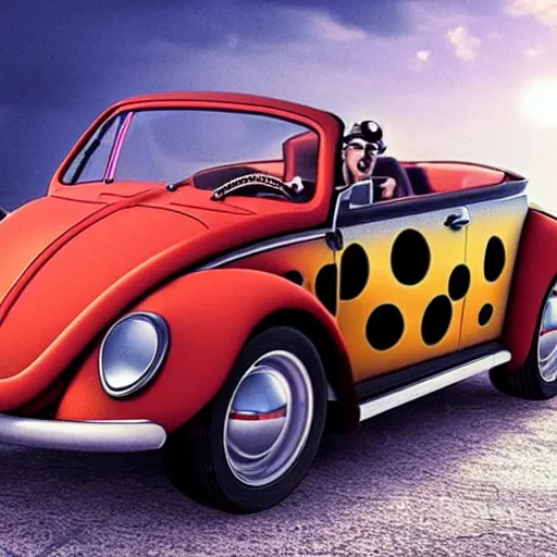 Prompt: promotional movie scene of a ( volkswagen beatle ) and lady bug hybrid. a volkswagen merged into a bug. it is racing down a dusty back - road. cinematic, 4 k, imax, 7 0 mm