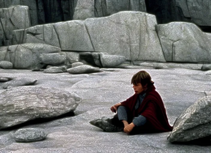 Prompt: screenshot of Luke Skywalker using the force to make rocks float around him, sitting outside on the rocky jedi temple, famous scene from the last jedi, 1980s film directed by Stanley Kubrick cinematic lighting, kodak, moody cinematography, with anamorphic lenses, crisp, detailed portrait, 4k image