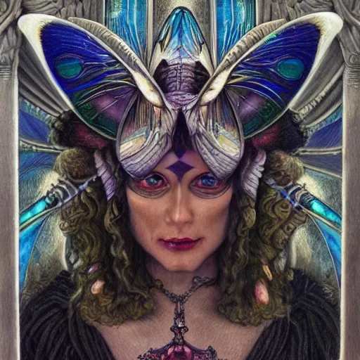 Image similar to beautiful closeup portrait of an art deco witch, glowing eyes. reflective detailed textures, moth wings, highly detailed dark fantasy science fiction painting by donato giancola and diego rivera, elaborate geometric ornament, ancient runes, silver and cool colors. artstation