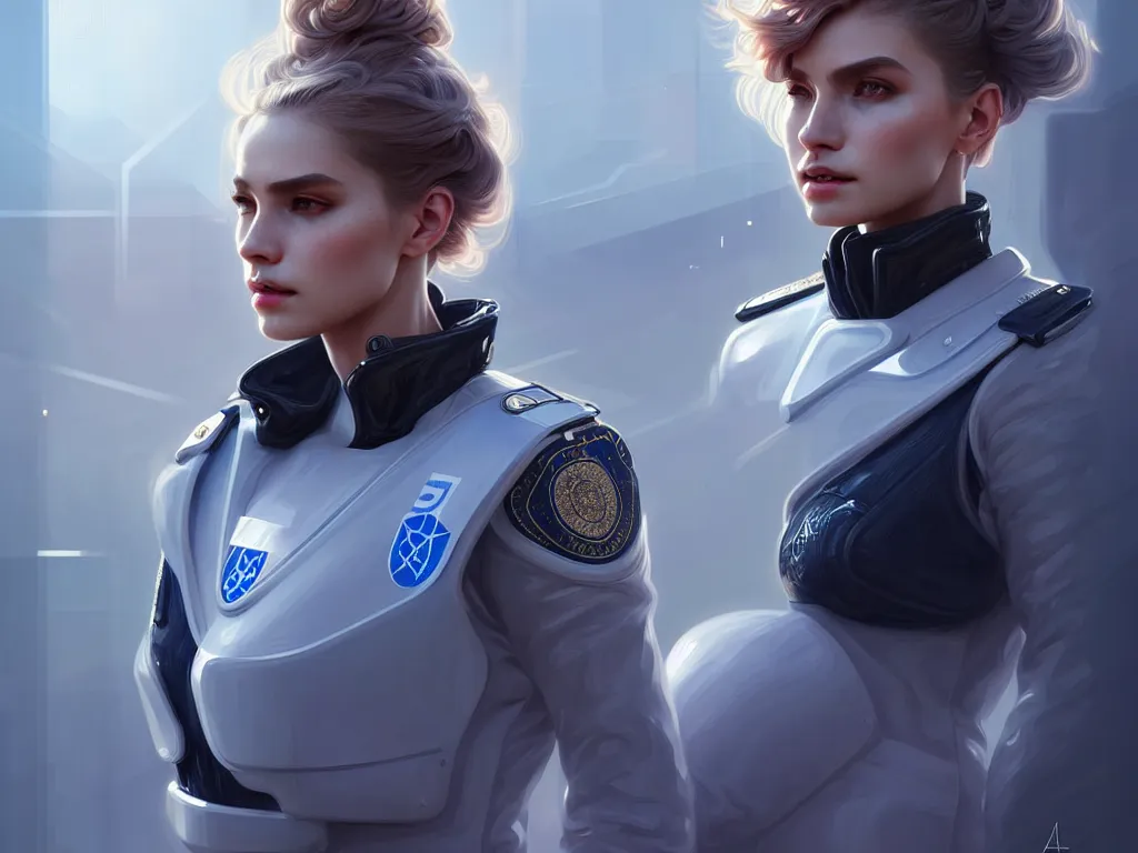 Image similar to portrait futuristic sweden police uniform female, at future neon light rooftop, ssci - fi and fantasy, intricate and very very beautiful and elegant, highly detailed, digital painting, artstation, concept art, smooth and sharp focus, illustration, art by tan zi and ayanamikodon and alphonse mucha and wlop