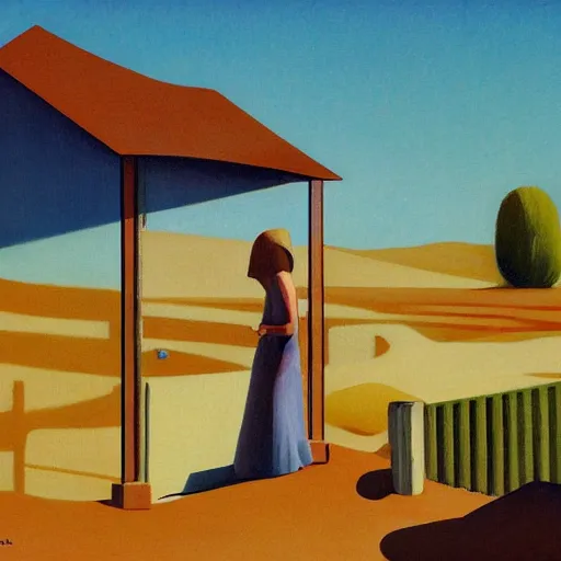 Image similar to motel in a desert rural landscape, a woman, painted by François Roca and Edward Hopper, airbrush, highly detailed