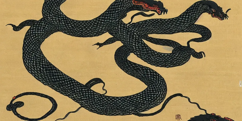 Image similar to japanese woodblock style painting of a snake dragon