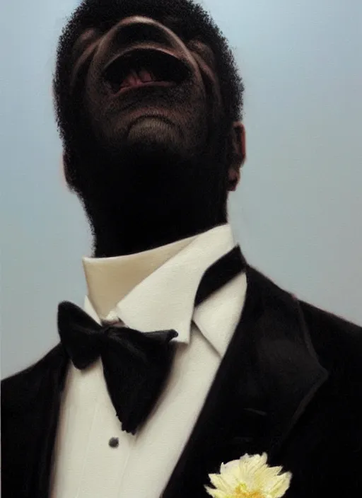 Image similar to a black tuxedo suit with a tie, a flowery bush growing out of the neck hole, intricate, highly detailed, concept art, hyperrealistic, oil painting by greg staples, 8 k