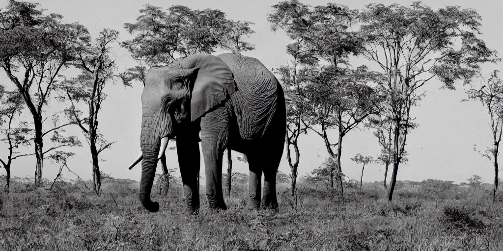 Prompt: photo of an elephant with trees growing from it top spine, in the background, a dead field of cut down trees