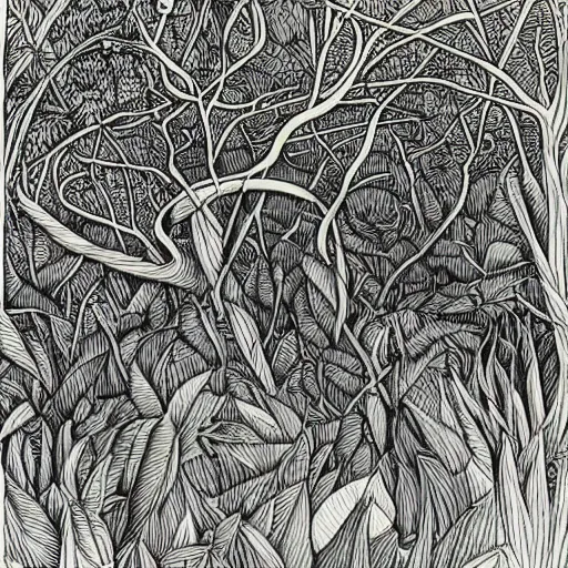 Prompt: an intricate drawing of the australian bush by mc escher, line art, celtic, illustration