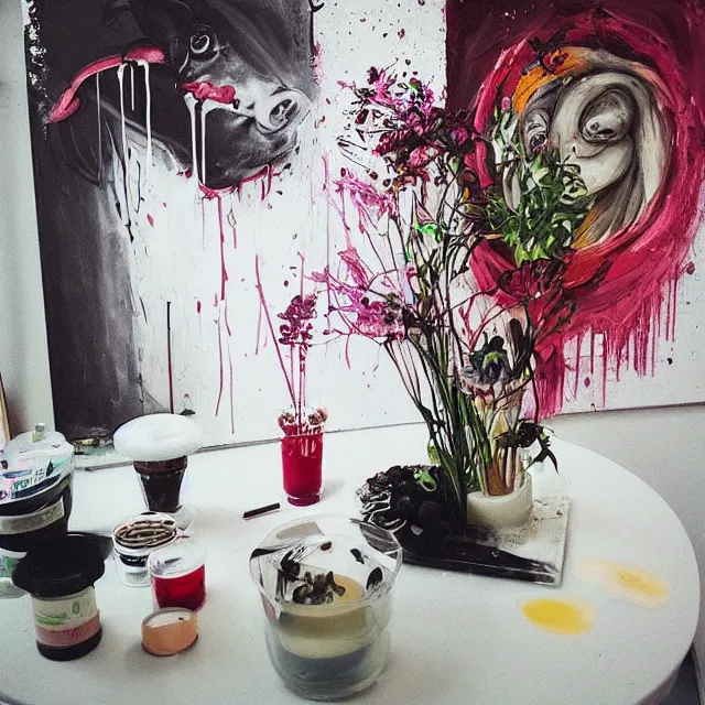 Prompt: “ a portrait in a female art student ’ s apartment, sensual, a pig sculpture work in progress, art supplies, paint tubes, ikebana, herbs, a candle dripping white wax, black walls, squashed berries, berry juice drips, acrylic and spray paint and oilstick on canvas, surrealism, neoexpressionism ”