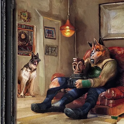 Image similar to a humanoid german shepherd beast - man, sitting and watching a soccer match in his house on television, he has hurt his knee and is a dad, by erin hanson, alexi zaitsev, karl spitzweg, award winning, tv set