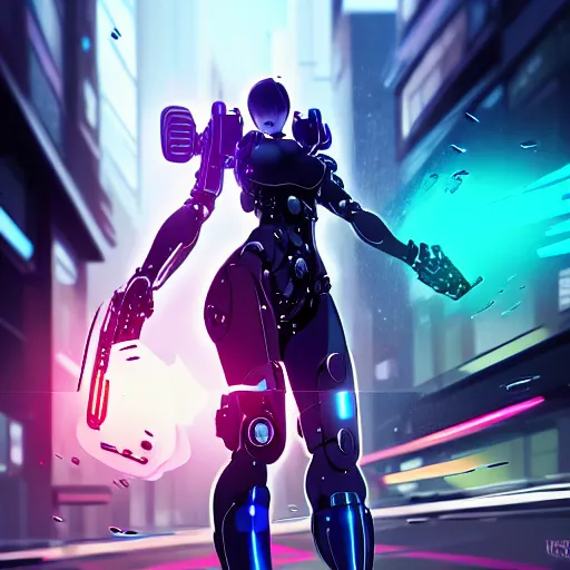 Prompt: refractions on lens, full round face, biomechanical details, beautiful cyborg girl fighting a mech in the style of arcane, cyberpunk anime art, full body shot, rain, wet street, window reflections, lens flare, wlop, ilya kuvshinov, artgerm, krenz cushart, greg rutkowski