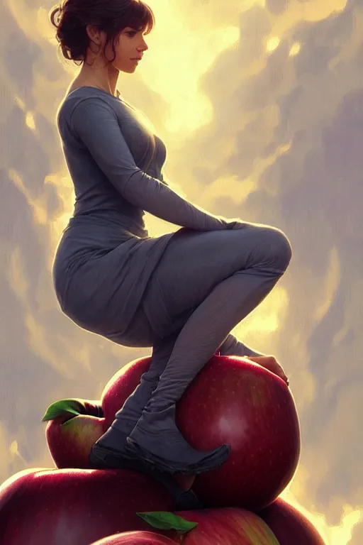 Image similar to ultra realistic illustration, steve jobs sitting on a giant apple, sci - fi, fantasy, intricate, elegant, highly detailed, digital painting, artstation, concept art, smooth, sharp focus, illustration, art by artgerm and greg rutkowski and alphonse mucha