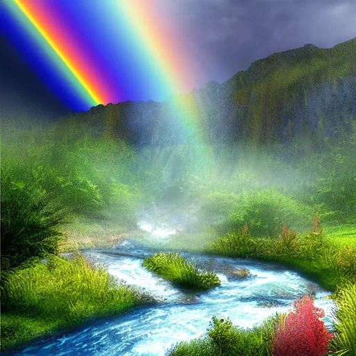 Image similar to photorealistic valley with rainbow river , volumetric lightning