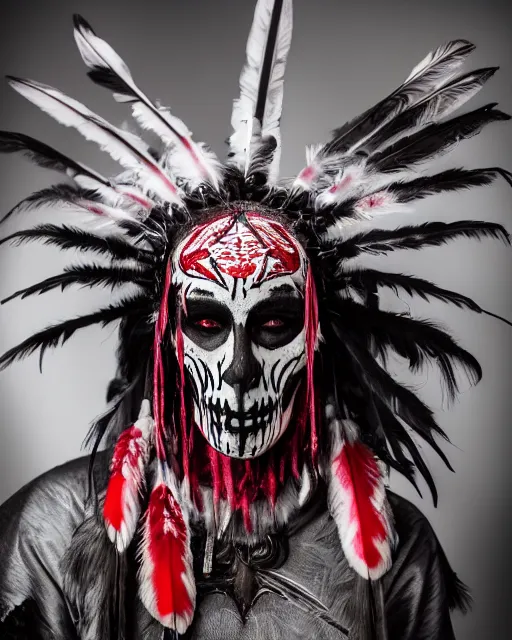 Image similar to the ghost - spirit of the grim - warpaint wears the scarlet skull armor and native blood headdress feathers, midnight fog - mist!, cinematic lighting, various refining methods, micro macro autofocus, ultra definition, award winning photo