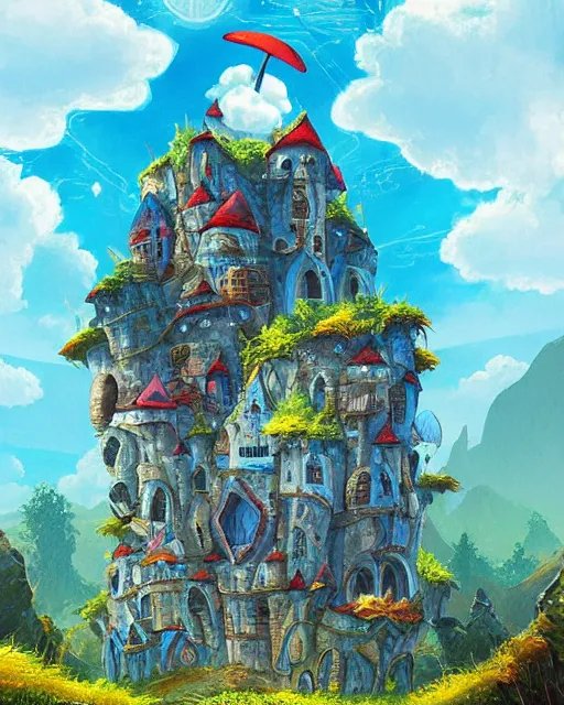 Image similar to flying cloud castle, mushroom buildings, illustration, bright, blue sky, mountains, colorful, cinematic lighting, fantasy, high detail, masterpiece, artstation, 4 k, art by wylie beckert