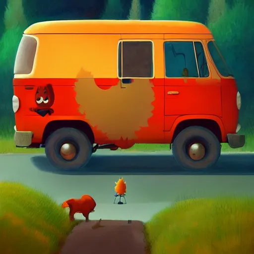 Image similar to goro fujita ilustration a hippie van traveling through the canada forest, painting by goro fujita, sharp focus, highly detailed, artstation